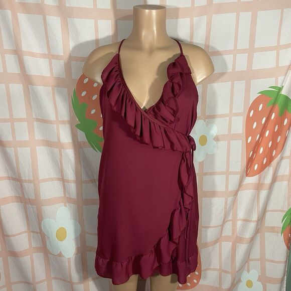 Y2k Charlotte Russe Wrap Front Ruffle Burgundy Mini Dress Size Medium - Picture 1 of 5
